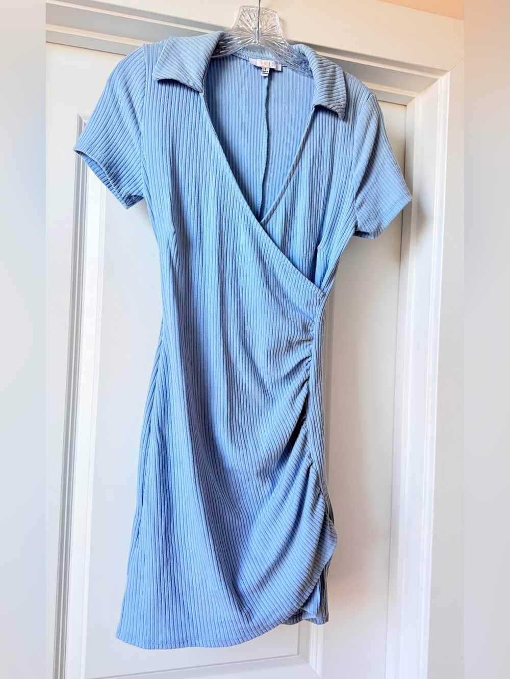 V-neck cross over ribbed mini dress with collar stretch comfy ruched sun dress